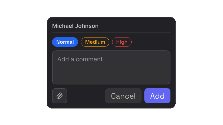 The EasyQA comment box, with Normal, Medium and High priority