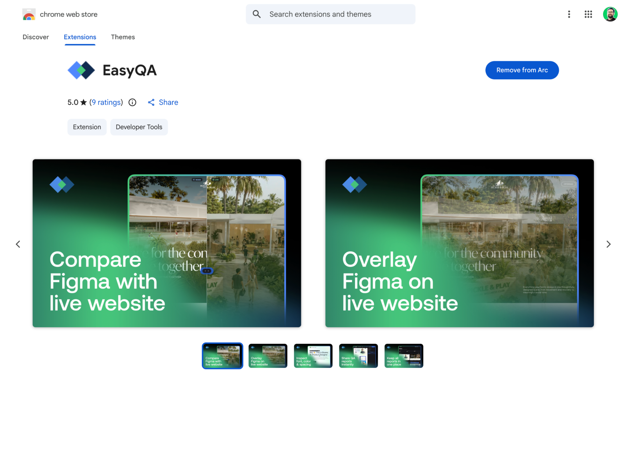 The EasyQA toolbar, with compare, overlay, ruler and comment tools