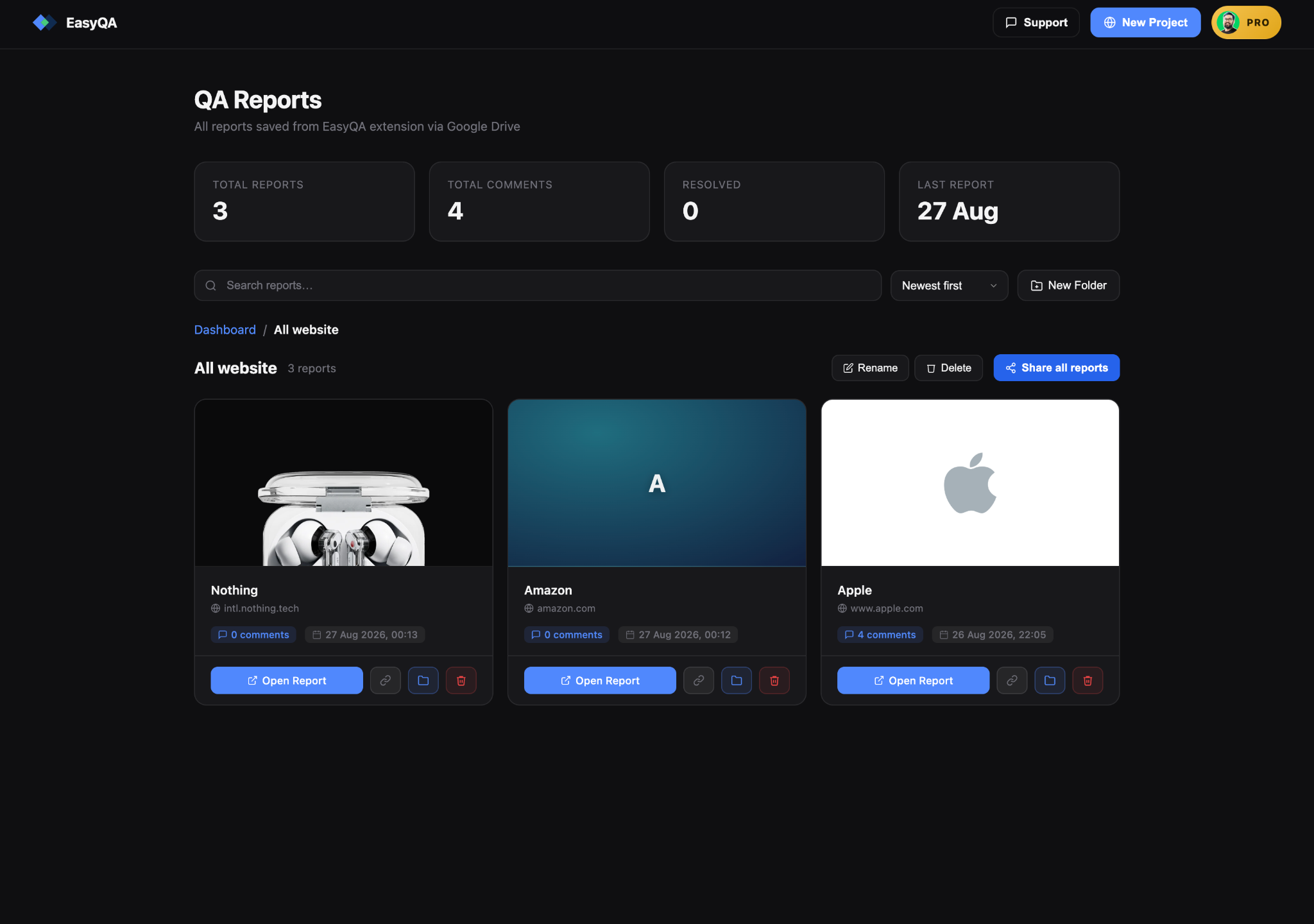 The EasyQA dashboard: QA reports in a folder, with search, sort and per-report comment counts
